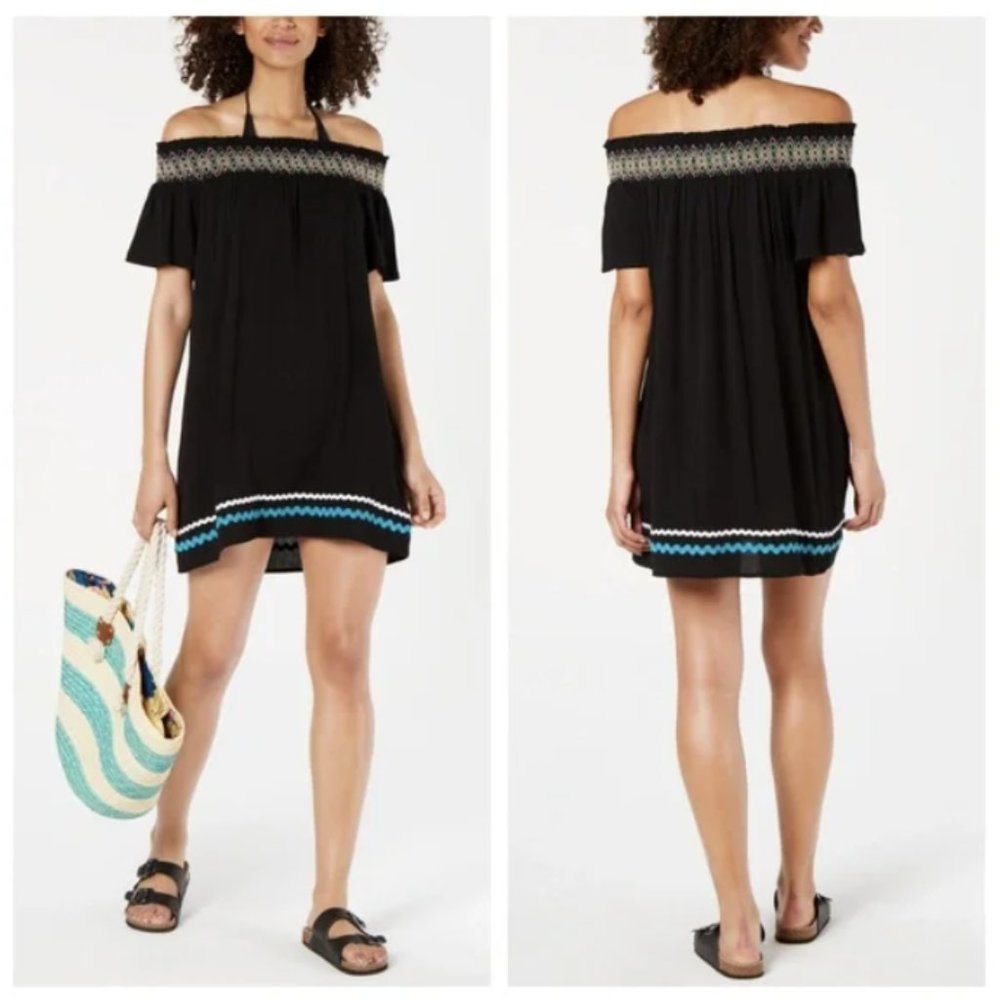Miken Women's Black Embroidered Off-The-Shoulder Swim Cover-Up Size M
